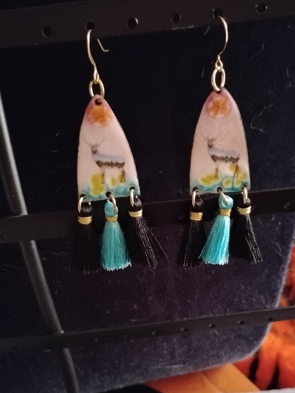 Hand Crafted Deer/Elk Motif Tassel Earrings - Turquoise & Black - Picture 1 of 7